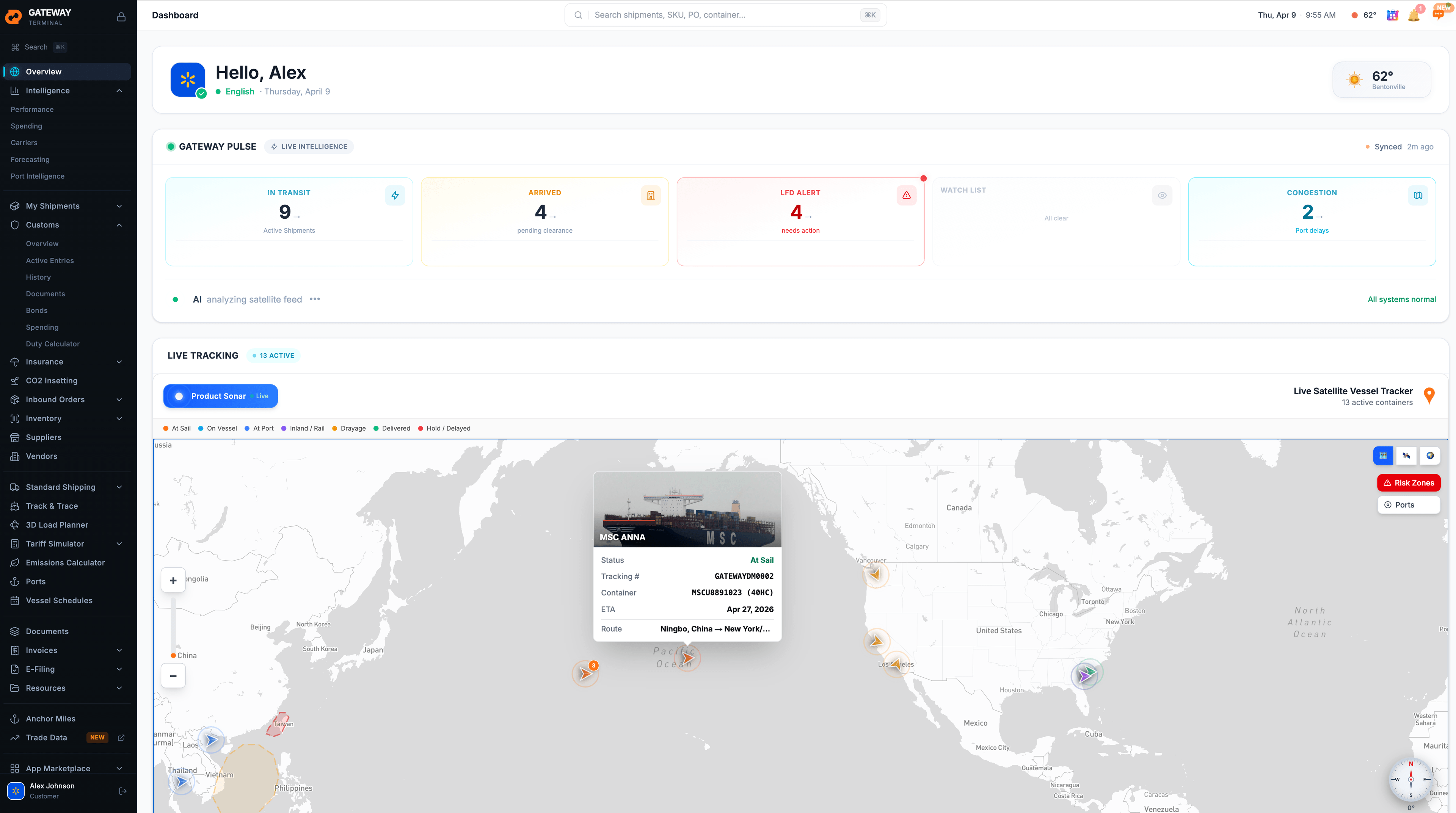 Gateway platform dashboard showing live shipment tracking, status monitoring, and freight intelligence