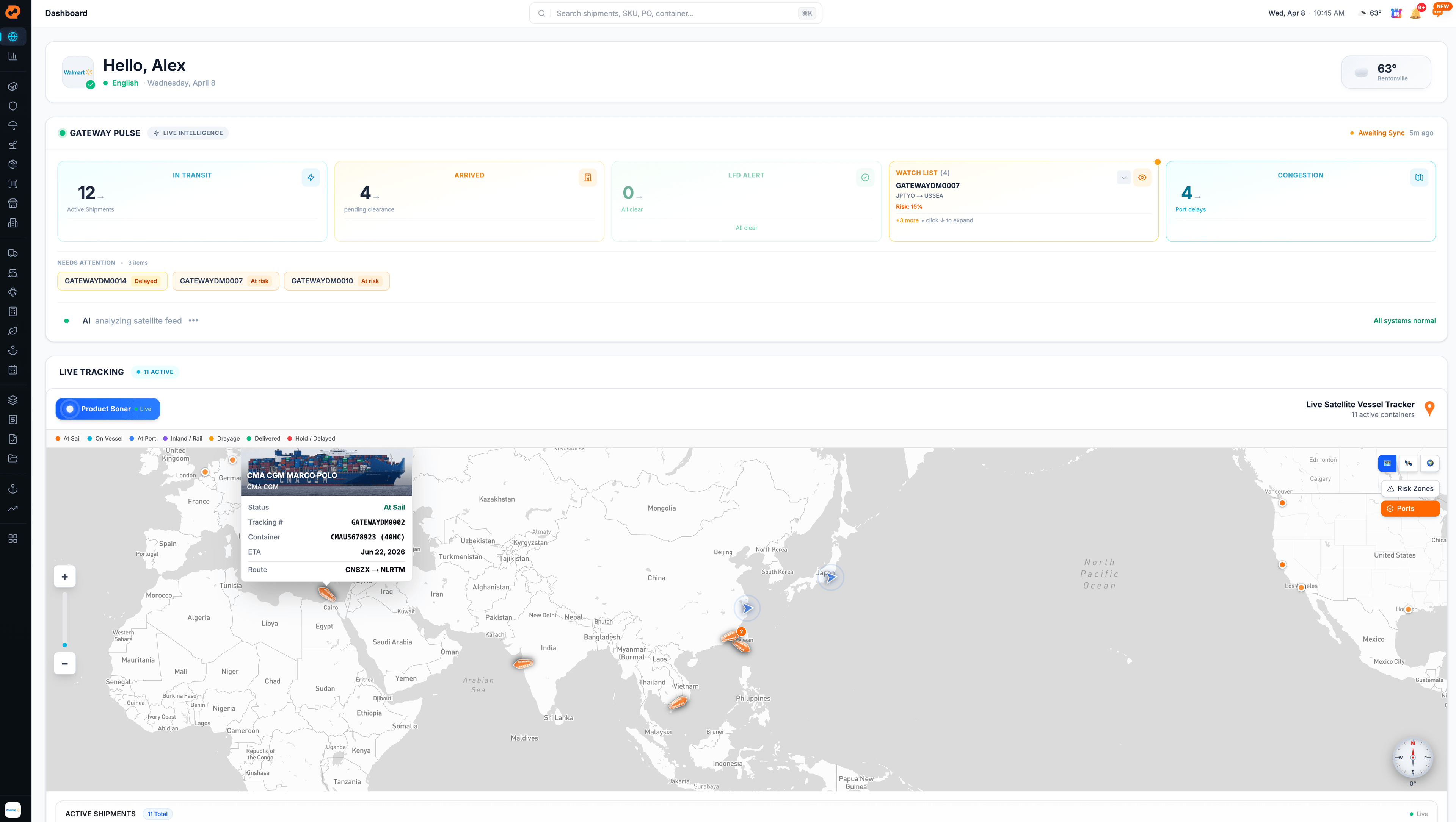Gateway platform dashboard showing live shipment tracking, status monitoring, and freight intelligence