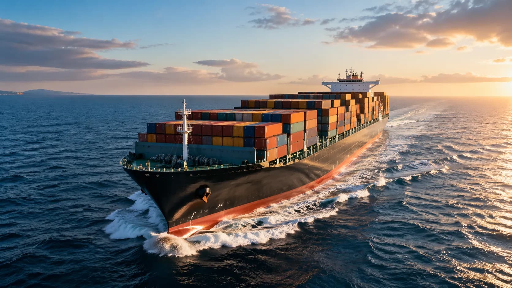 A container ship loaded with ocean freight sails toward port at sunset