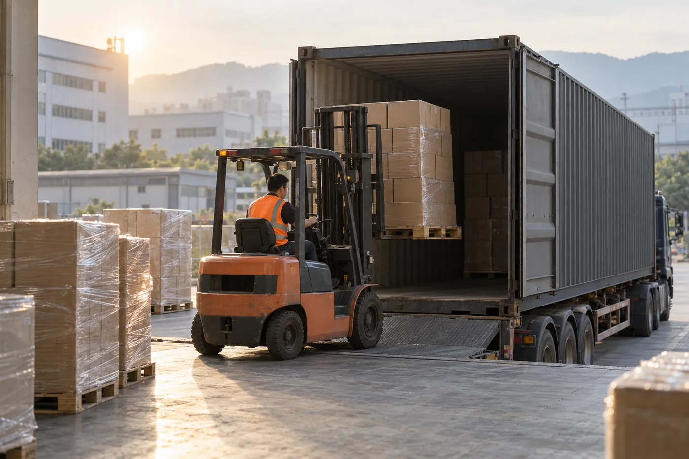 A forklift loads palletized cartons into a shipping container at a supplier's loading dock