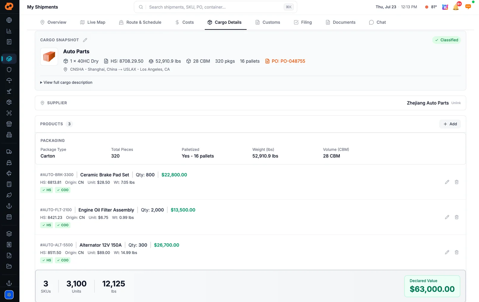 Gateway Terminal cargo details with SKU manifest, HS codes, and declared value