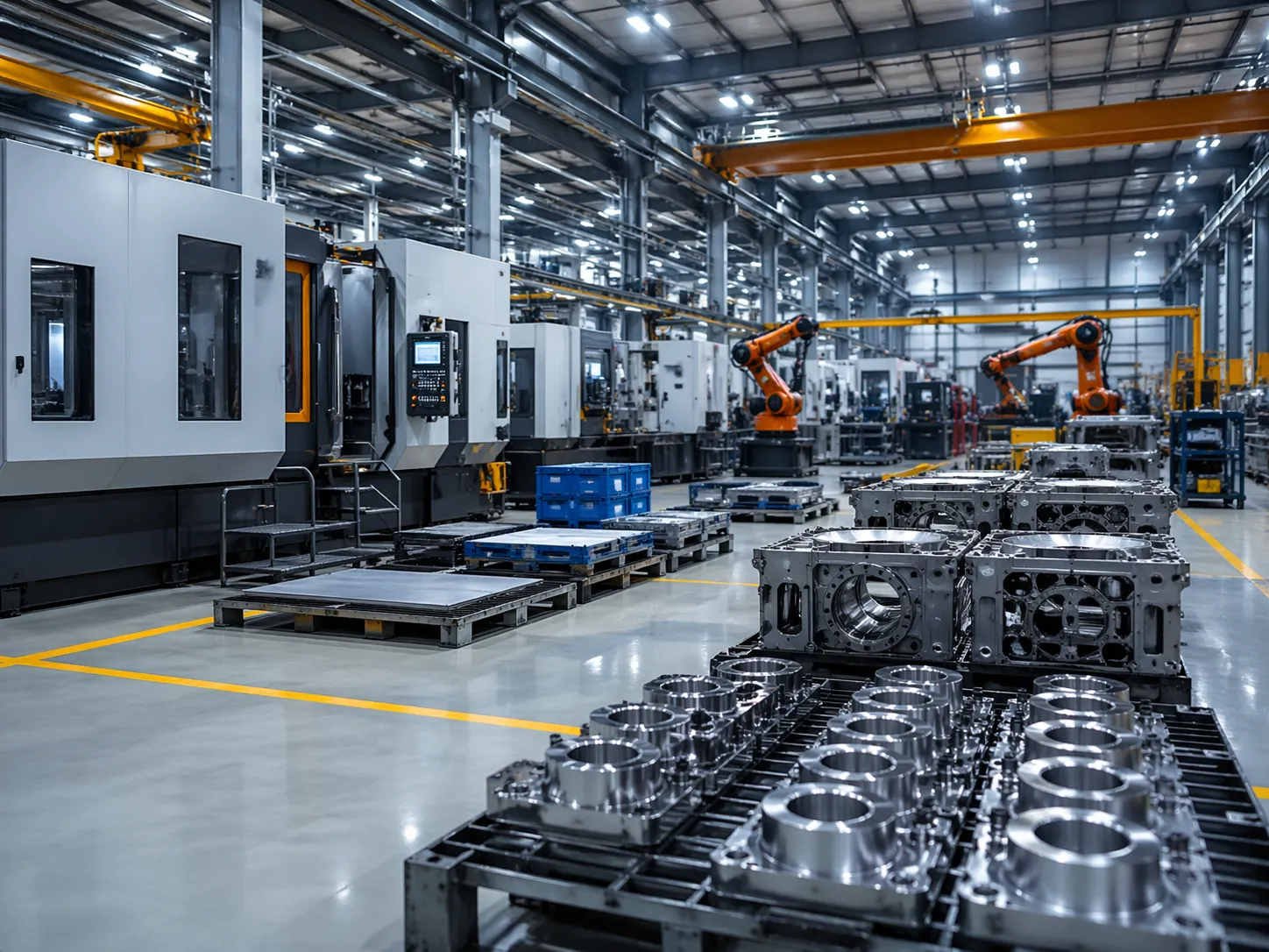A factory floor with machining centers and robotic arms, finished metal parts stacked on pallets