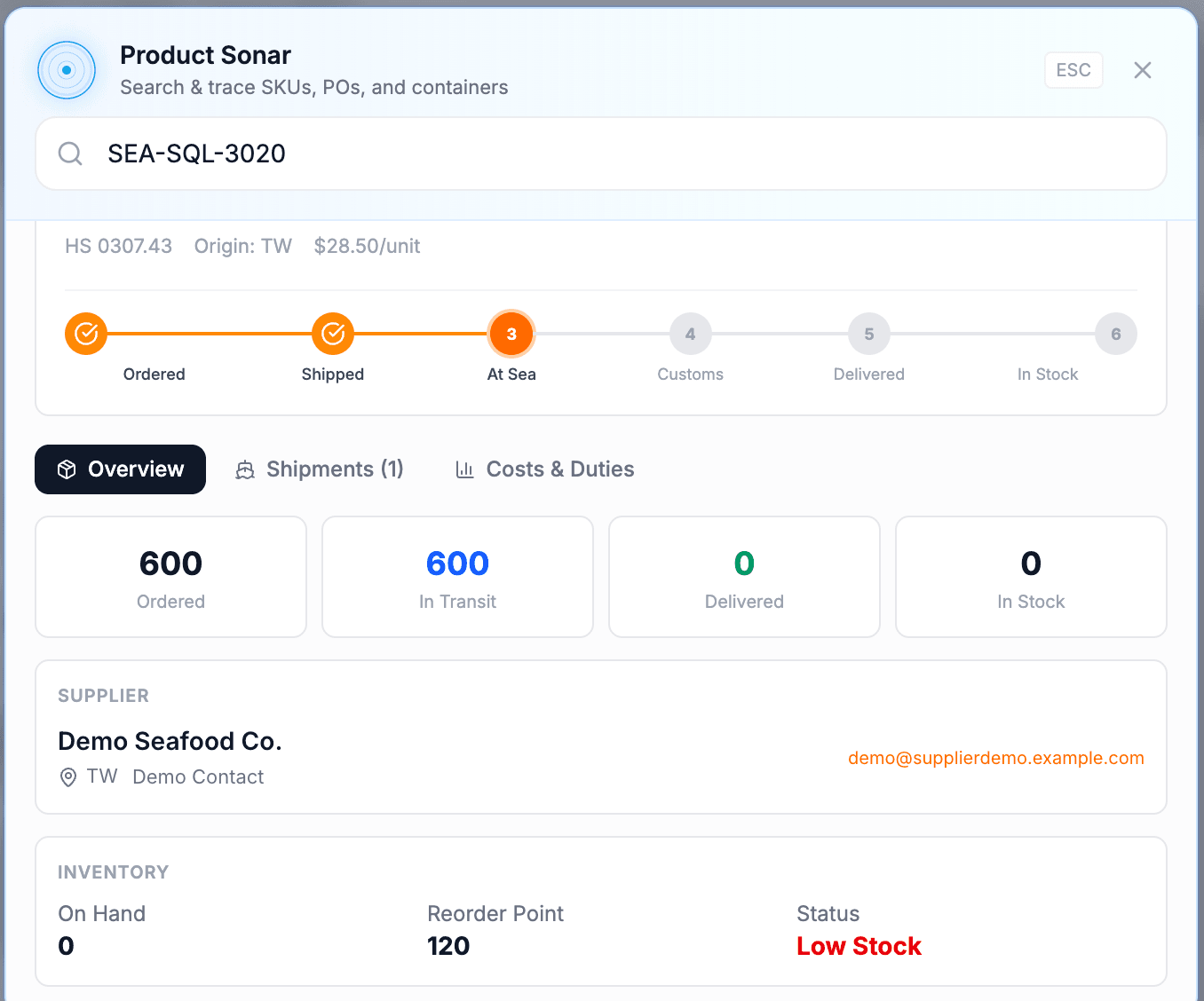 Product Sonar overview screen