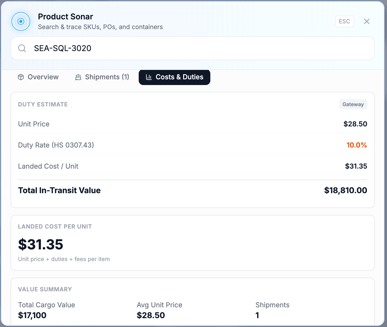Product Sonar costs & duties screen