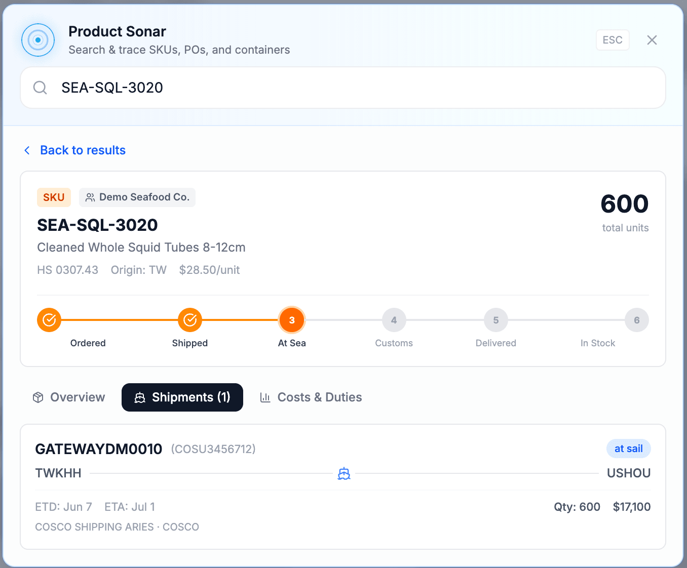 Product Sonar shipments screen