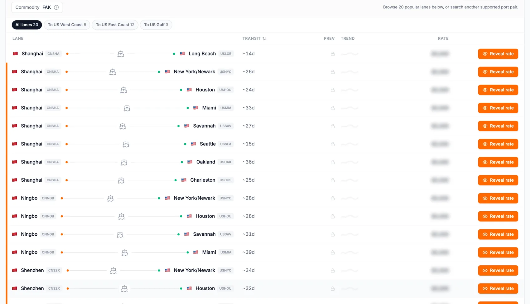 Gateway’s ocean rate board, shown as a product preview