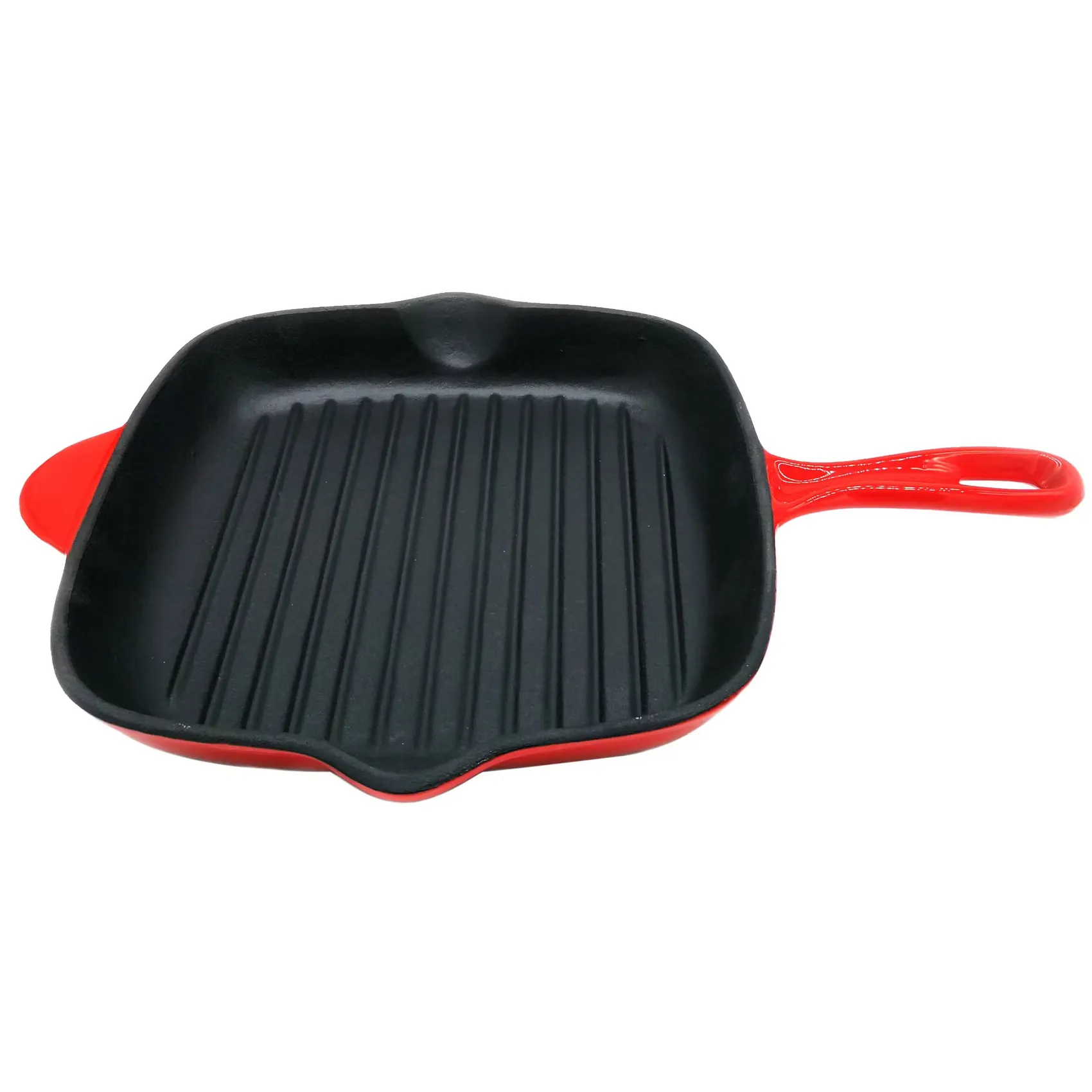 Enameled cast iron grill pan with a red handle