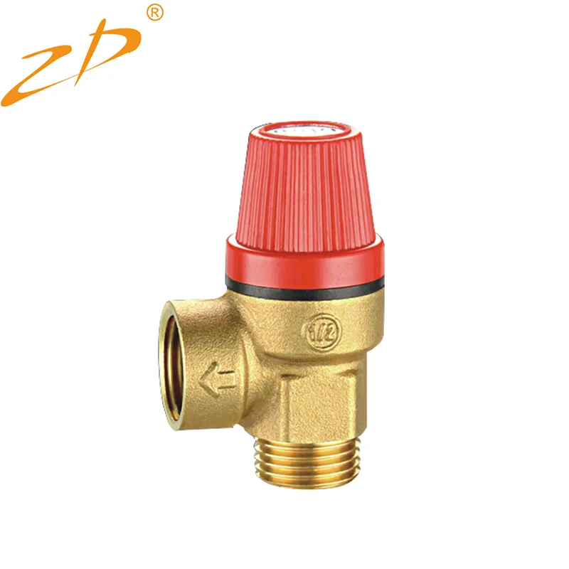 Brass safety valve with red cap and threaded outlet