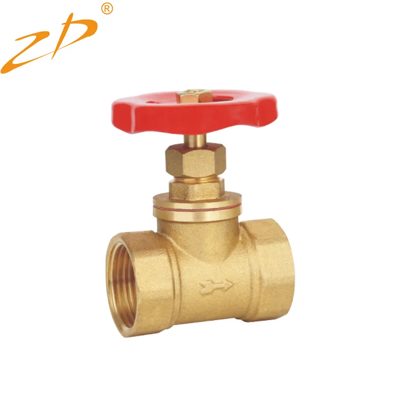 Brass stop valve with red handwheel and female threaded ends