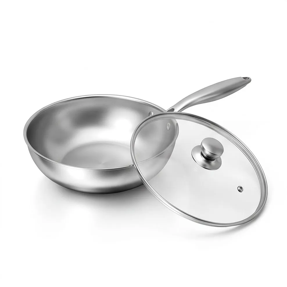 Tri-ply stainless steel wok with lid