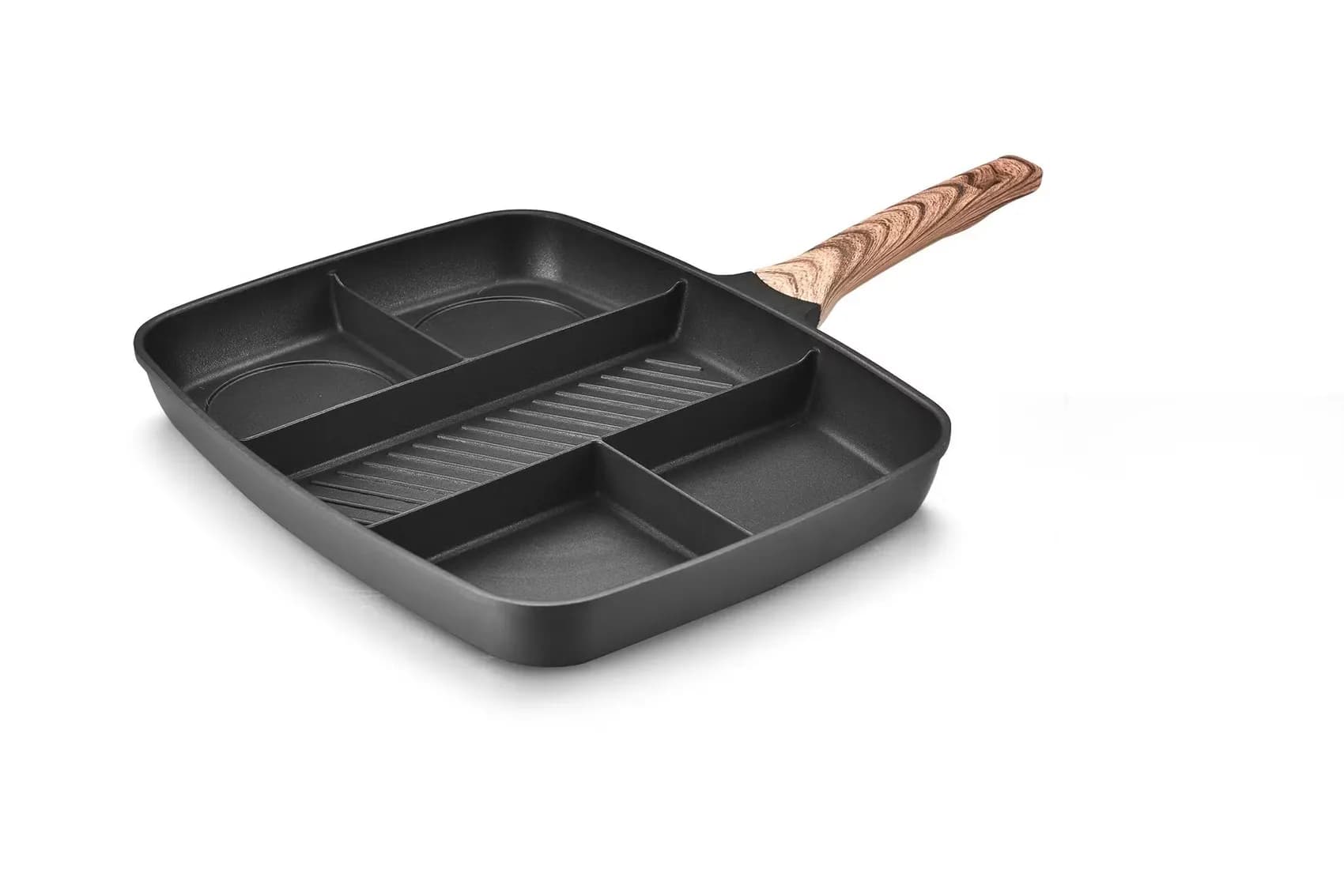 Four-section non-stick aluminum frying pan with wood-look handle