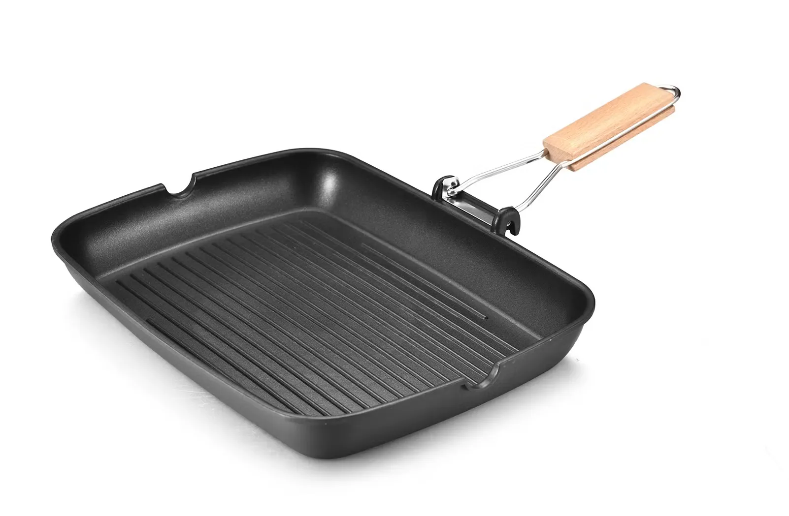 Square non-stick aluminum grill pan with folding wooden handle
