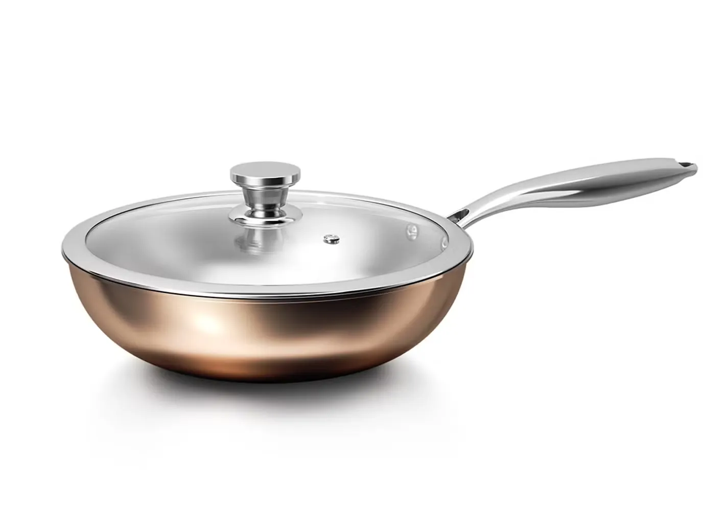 Copper-exterior stainless steel wok with glass lid