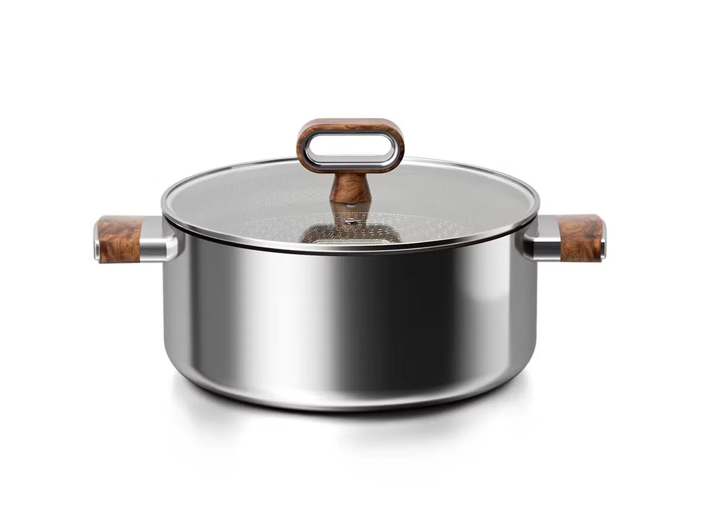 Stainless steel pot with wooden-look handles and glass lid