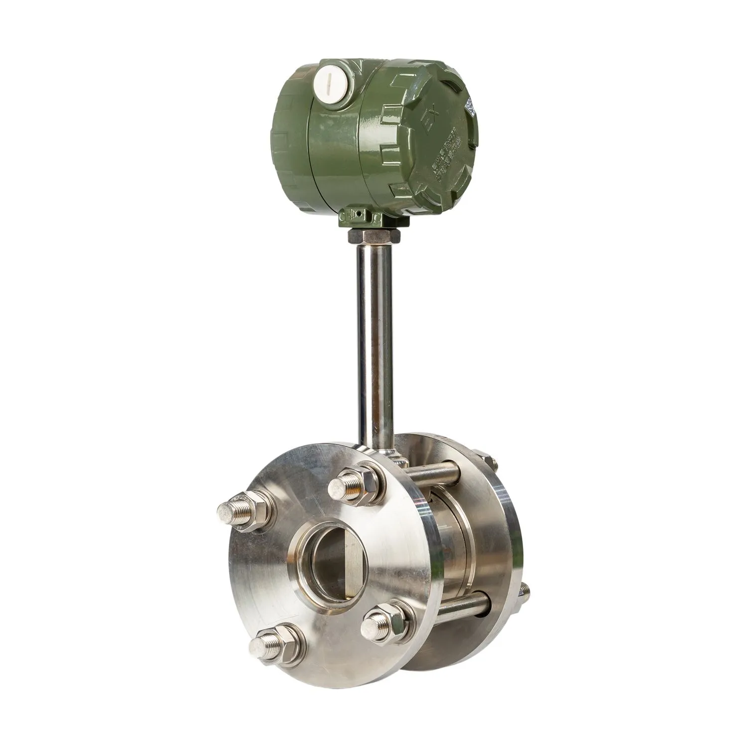 Wafer vortex flow meter with green display head