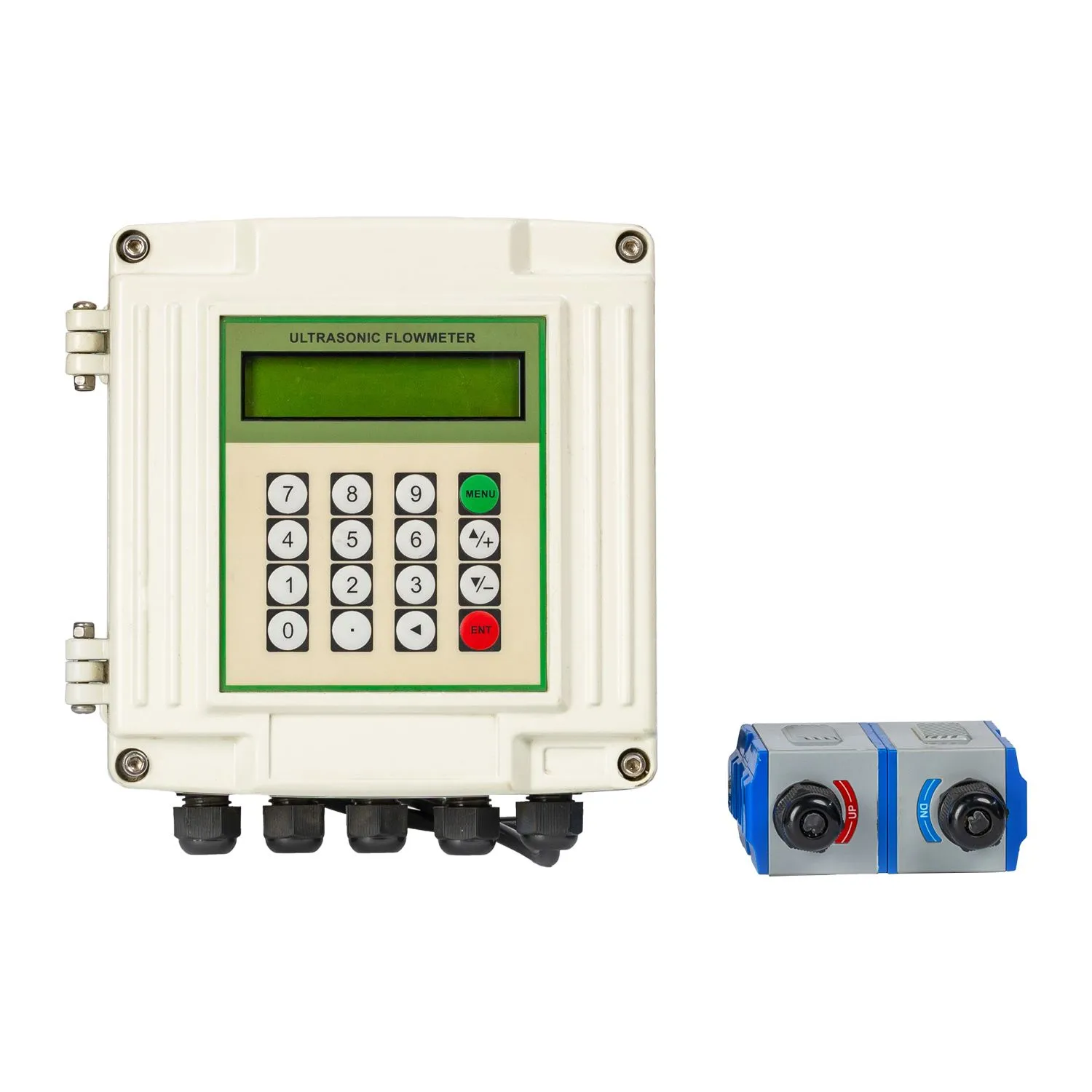 Wall-mount ultrasonic flow meter with keypad and clamp-on transducer