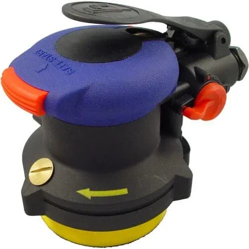 Blue and black palm-size pneumatic random orbital sander