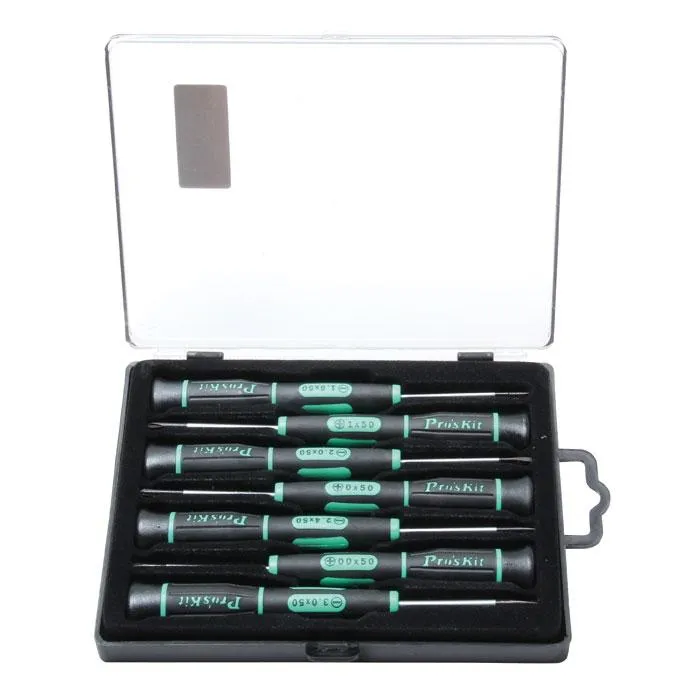Seven precision screwdrivers with green and black handles in an open clear case