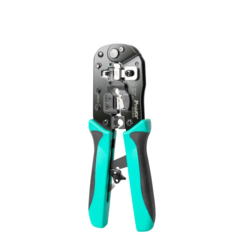 Network crimping tool with teal and black handles, front view
