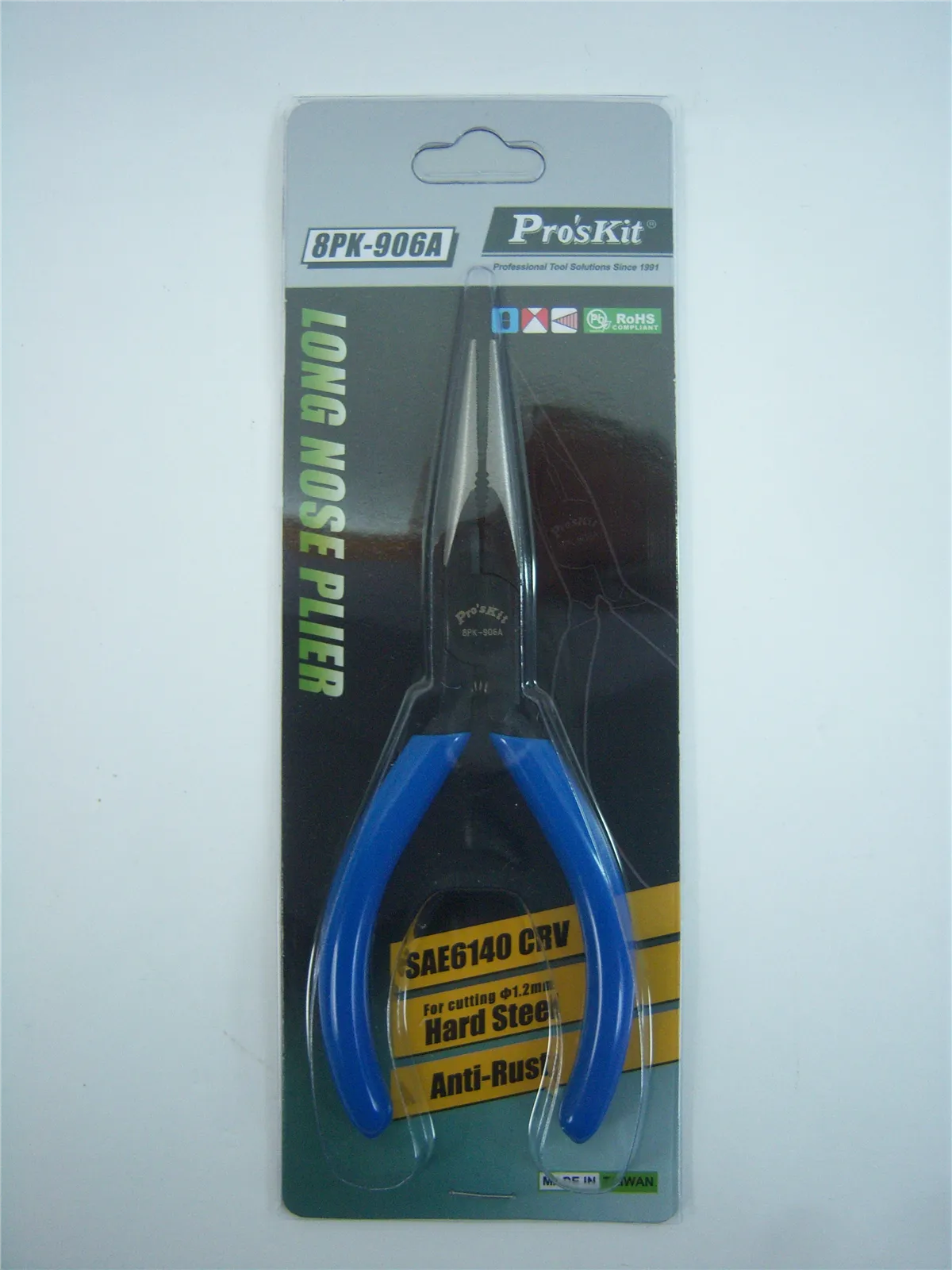 Long nose pliers with blue handles in a Pro'sKit blister card