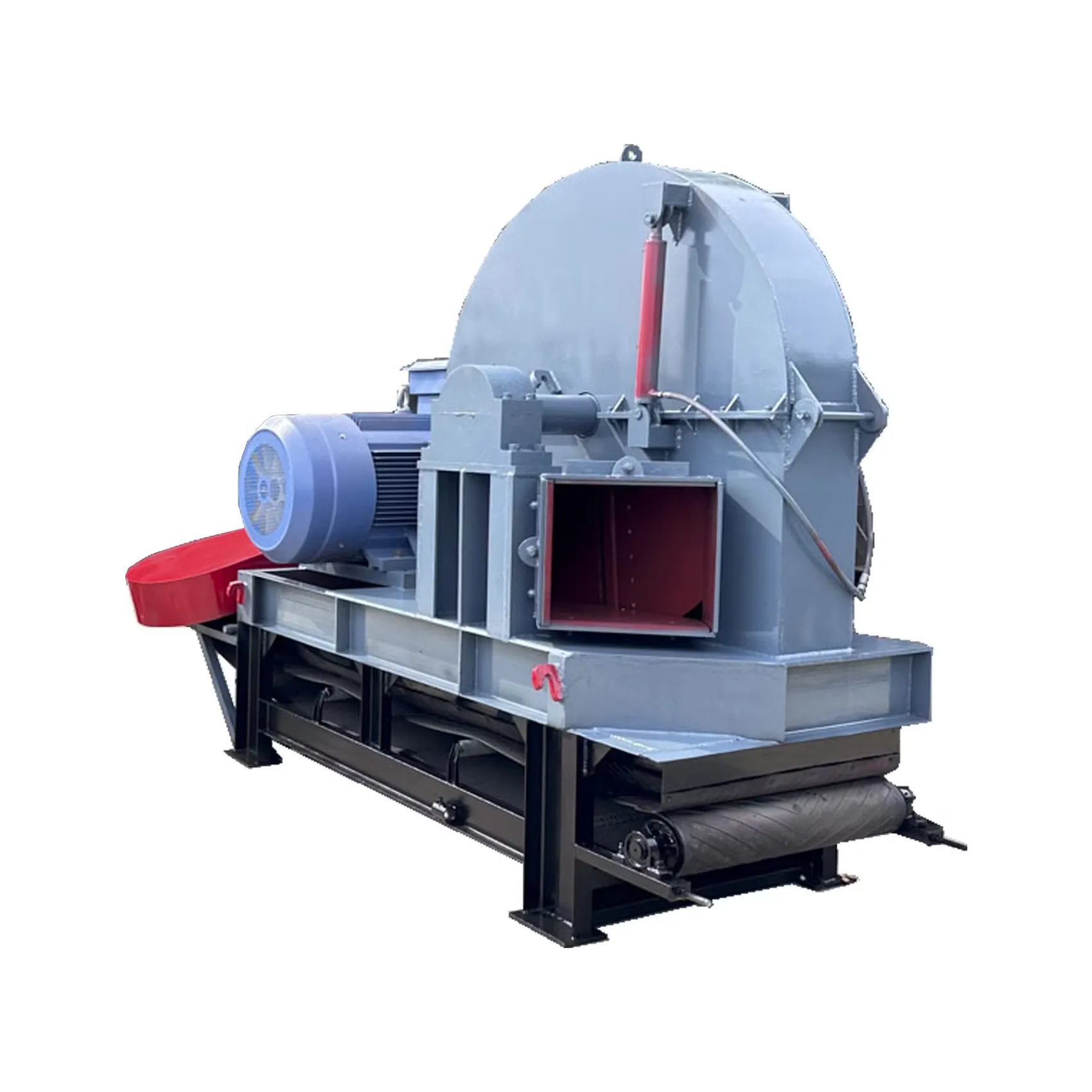 Gray disc wood chipper with a blue motor on a white background