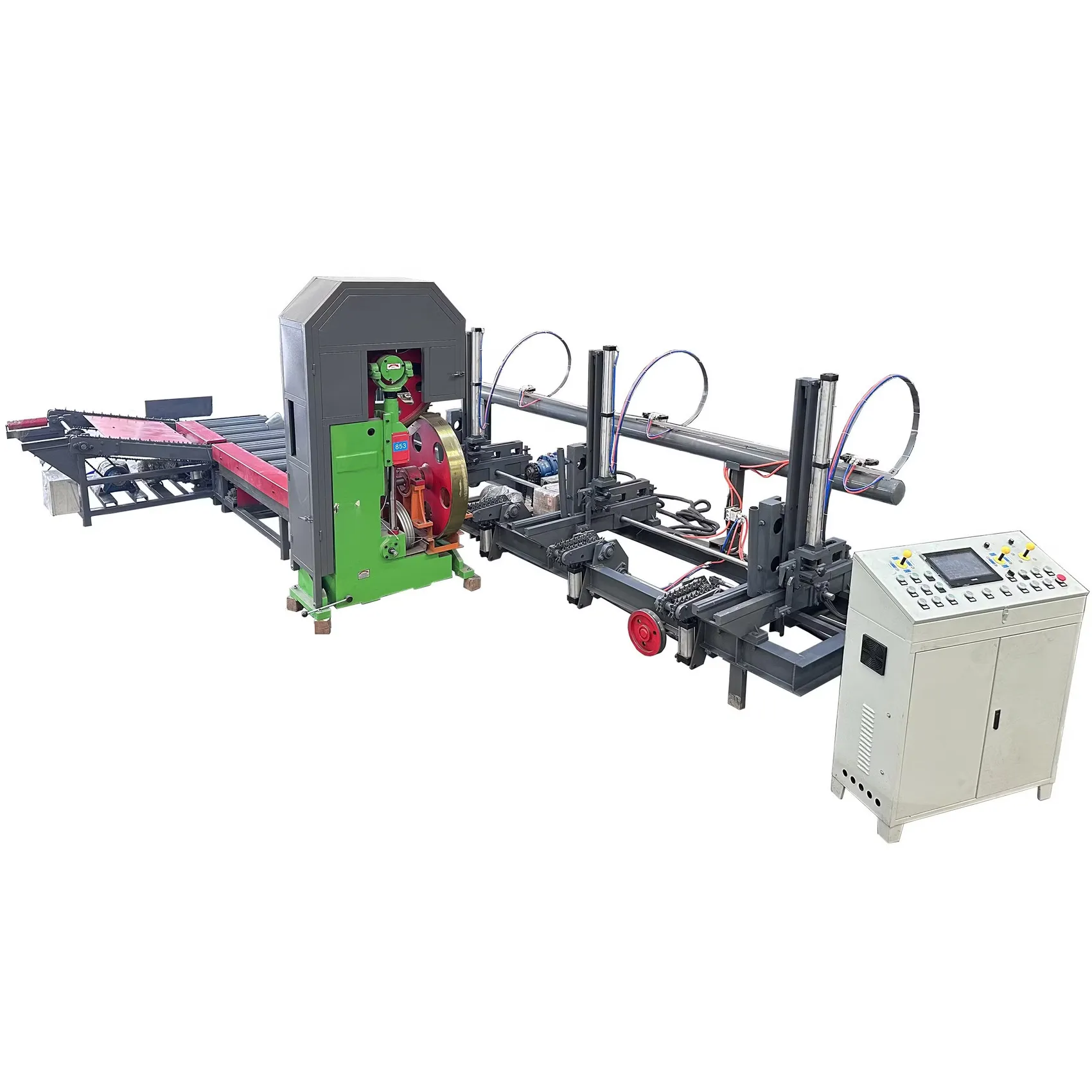 Vertical band sawmill with a log carriage and control cabinet on a white background