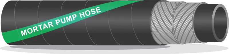 Cutaway of a black mortar pump hose with a green stripe and cord plies