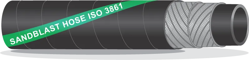 Cutaway of a thick black sandblast hose with a green stripe and cord plies
