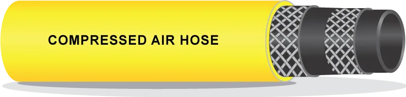 Cutaway of a yellow rubber hose showing the black tube and braided reinforcement