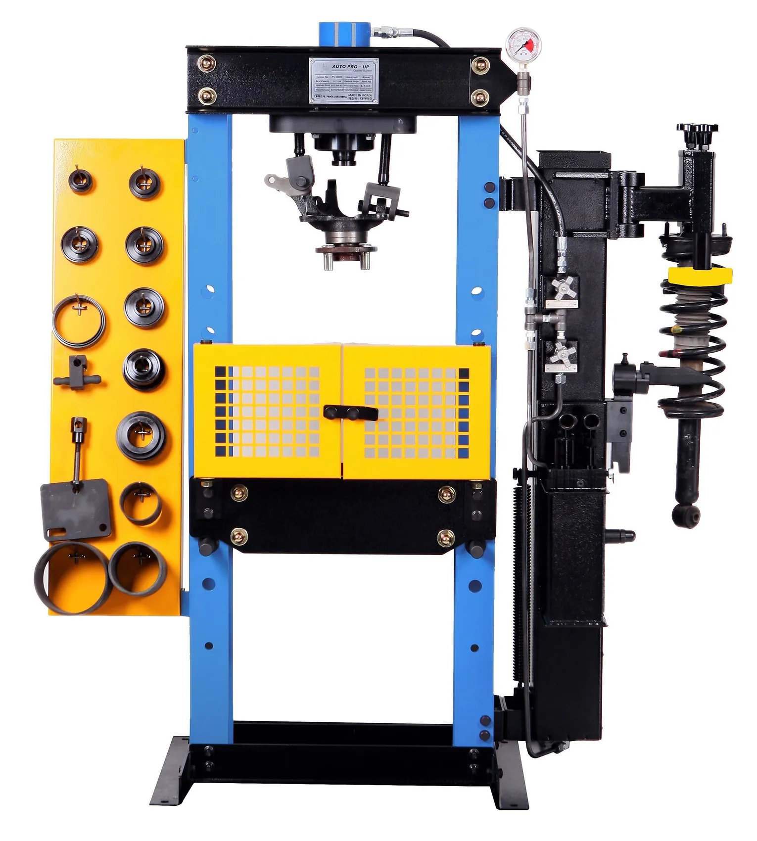 Blue shop press with a strut spring compressor attached
