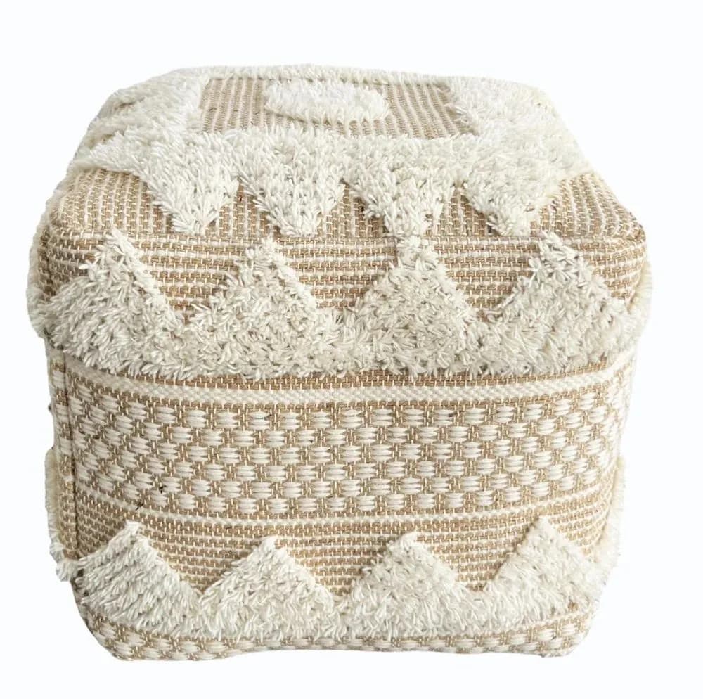Square cream and natural woven pouf with tufted zigzag bands