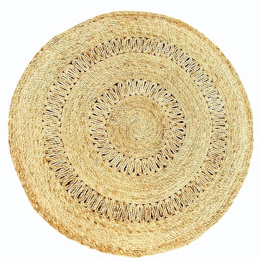 Round natural jute braided rug with an open lattice ring