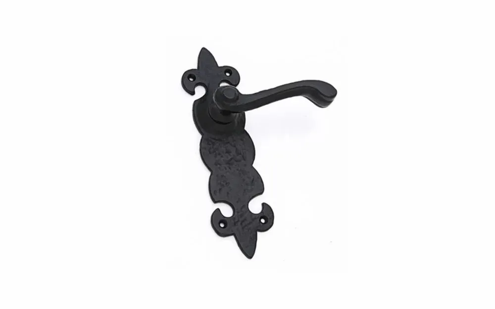 Black cast iron lever door handle on a decorative backplate