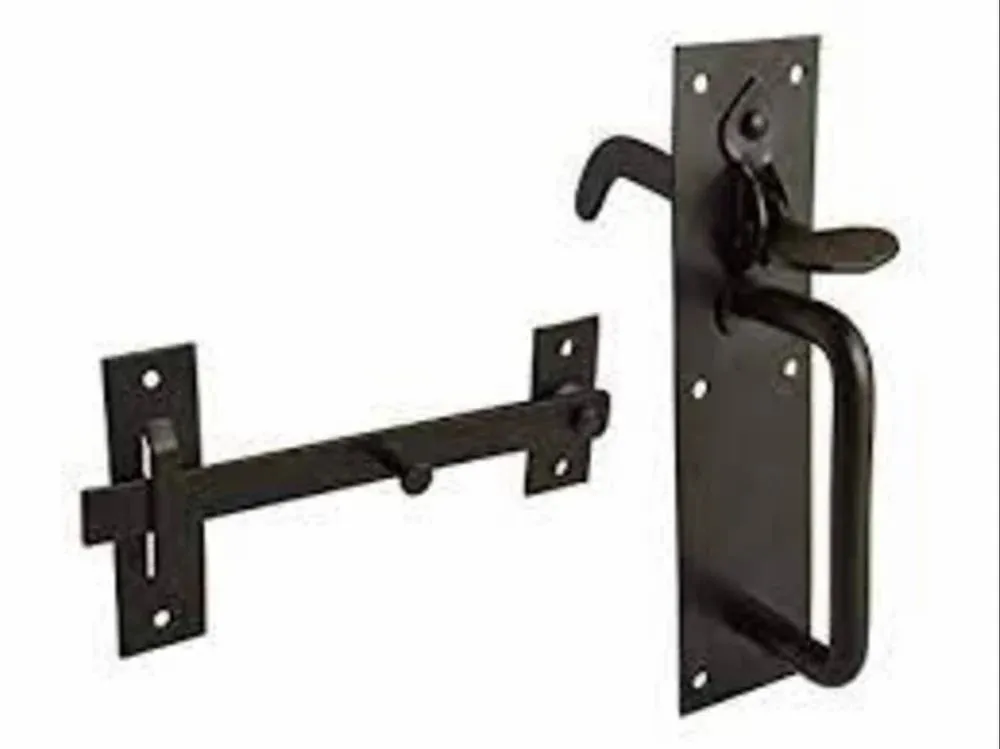 Black iron Suffolk latch set with handle plate, bar and keeper