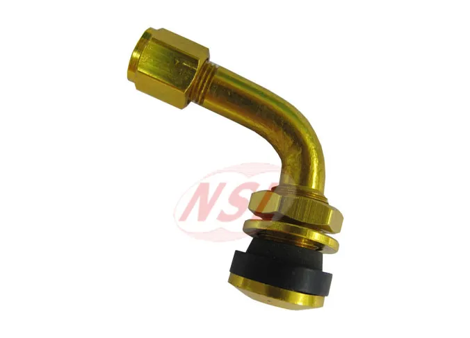 Gold anodized bent aluminum tubeless tire valve with a rubber base