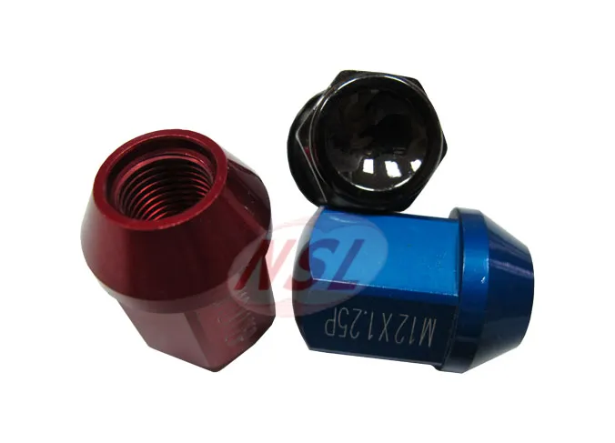Red, blue and black anodized wheel lug nuts