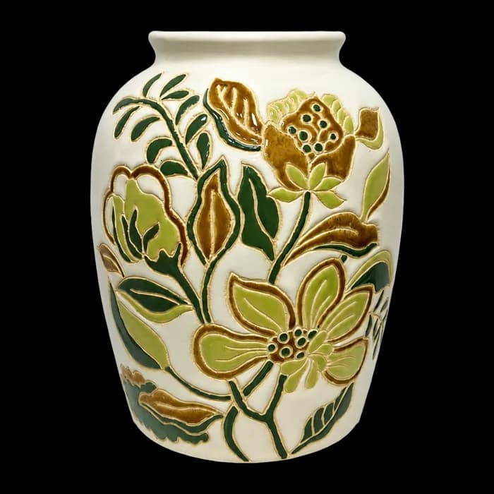 Cream ceramic vase with a hand-painted green and brown floral design