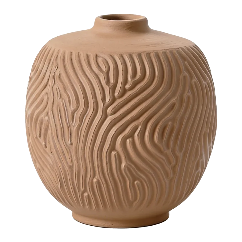 Round terracotta vase with a carved wave pattern