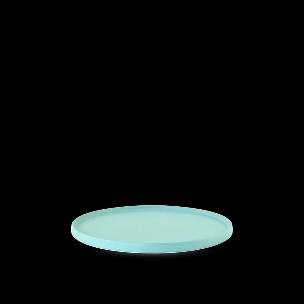 Flat light blue porcelain plate with a low upright rim