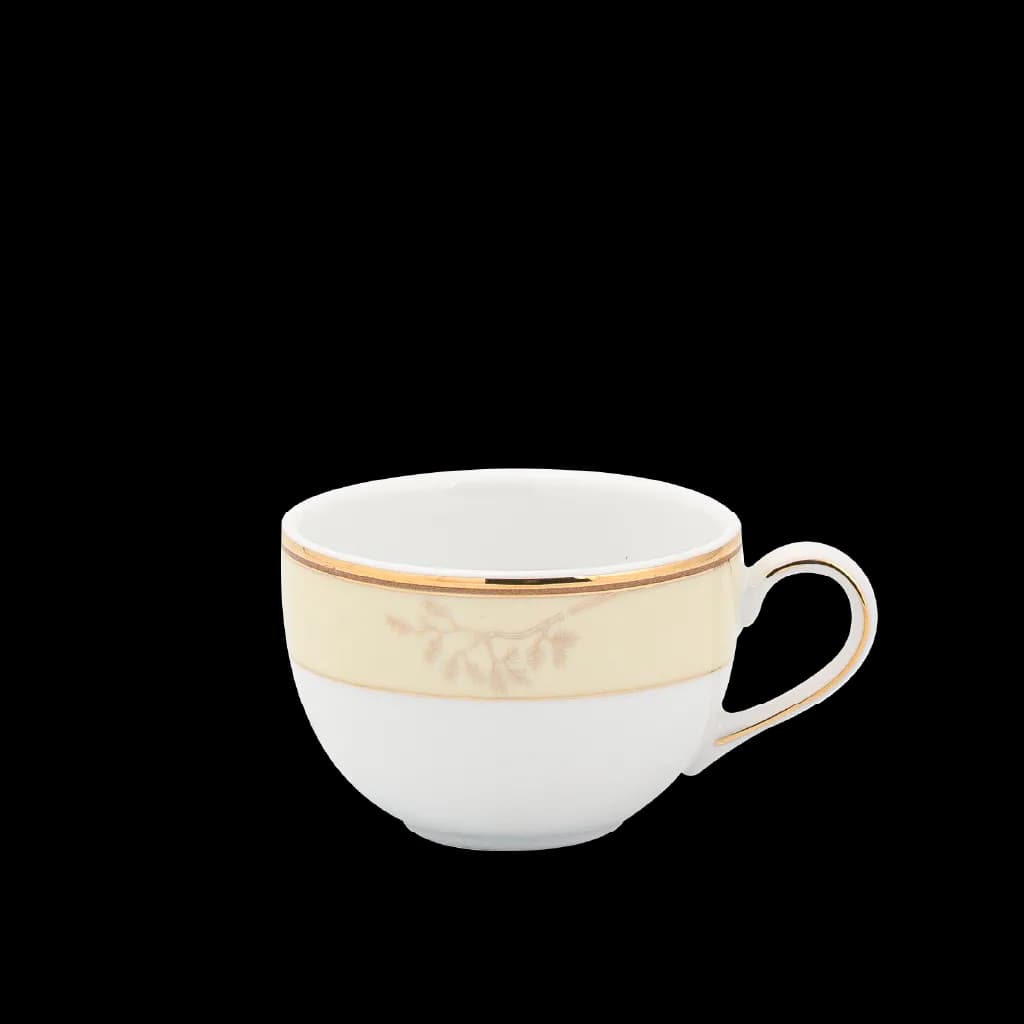 White porcelain teacup with a cream band, leaf motif and gold rim