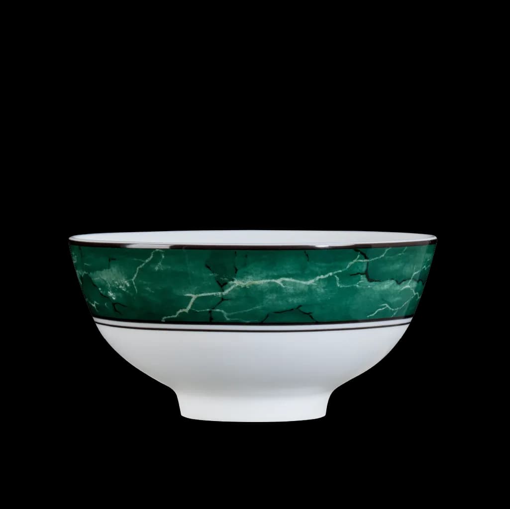 White porcelain bowl with a green marbled band around the outside