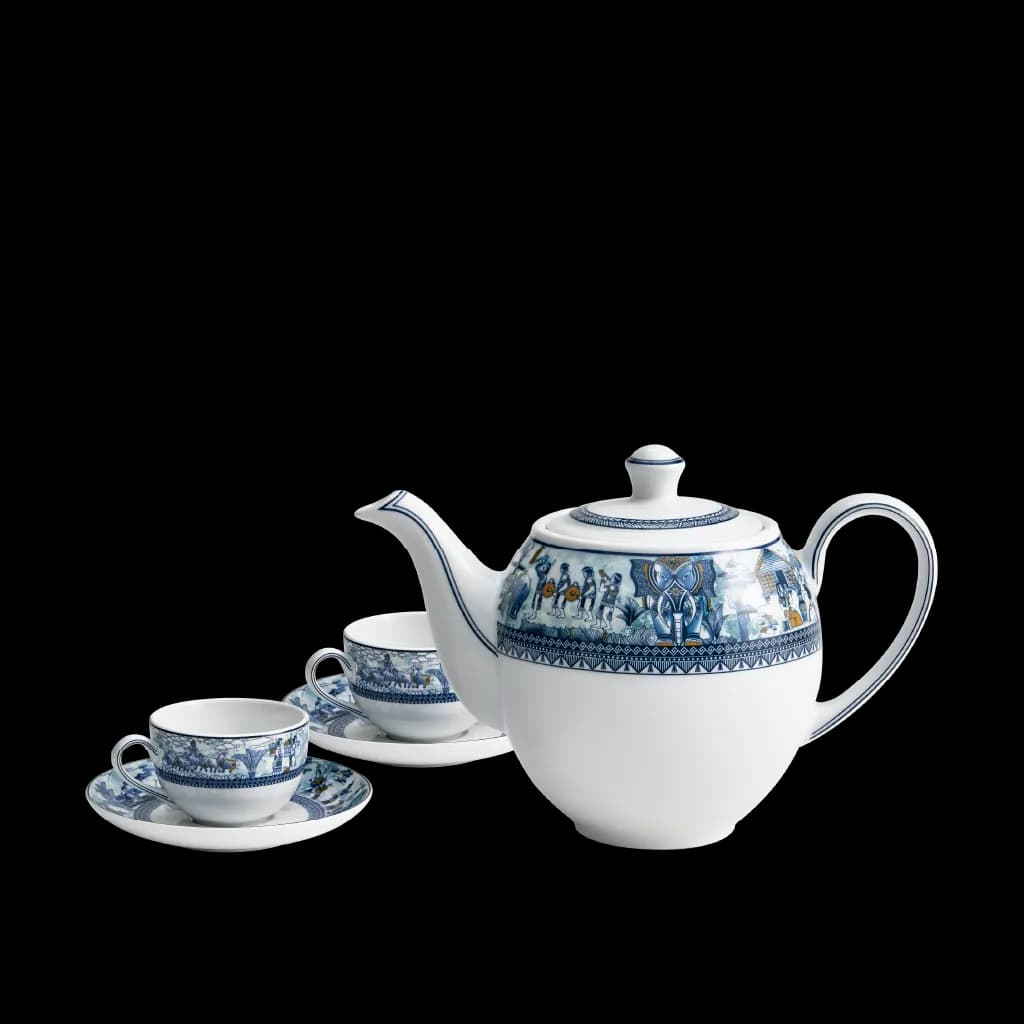 White porcelain teapot with two cups and saucers decorated with blue bands