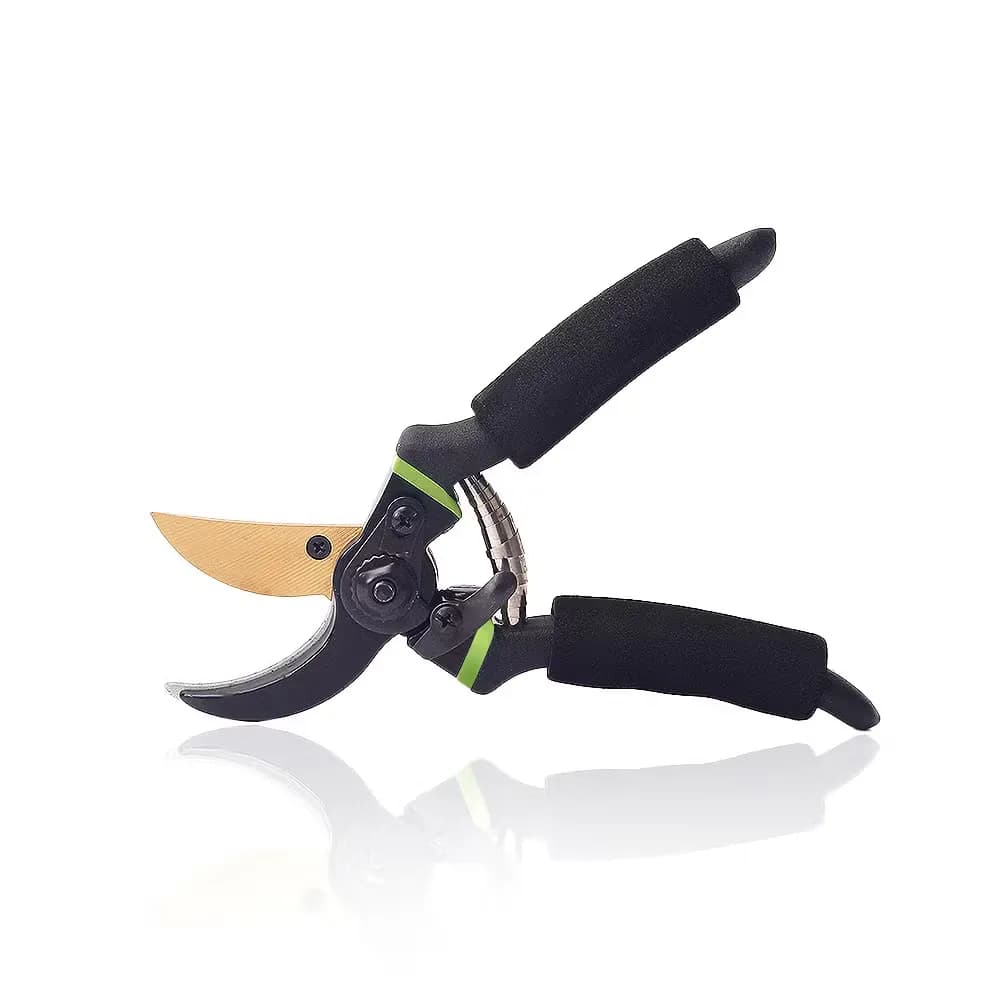 Bypass pruning shears with a gold blade and black foam handles
