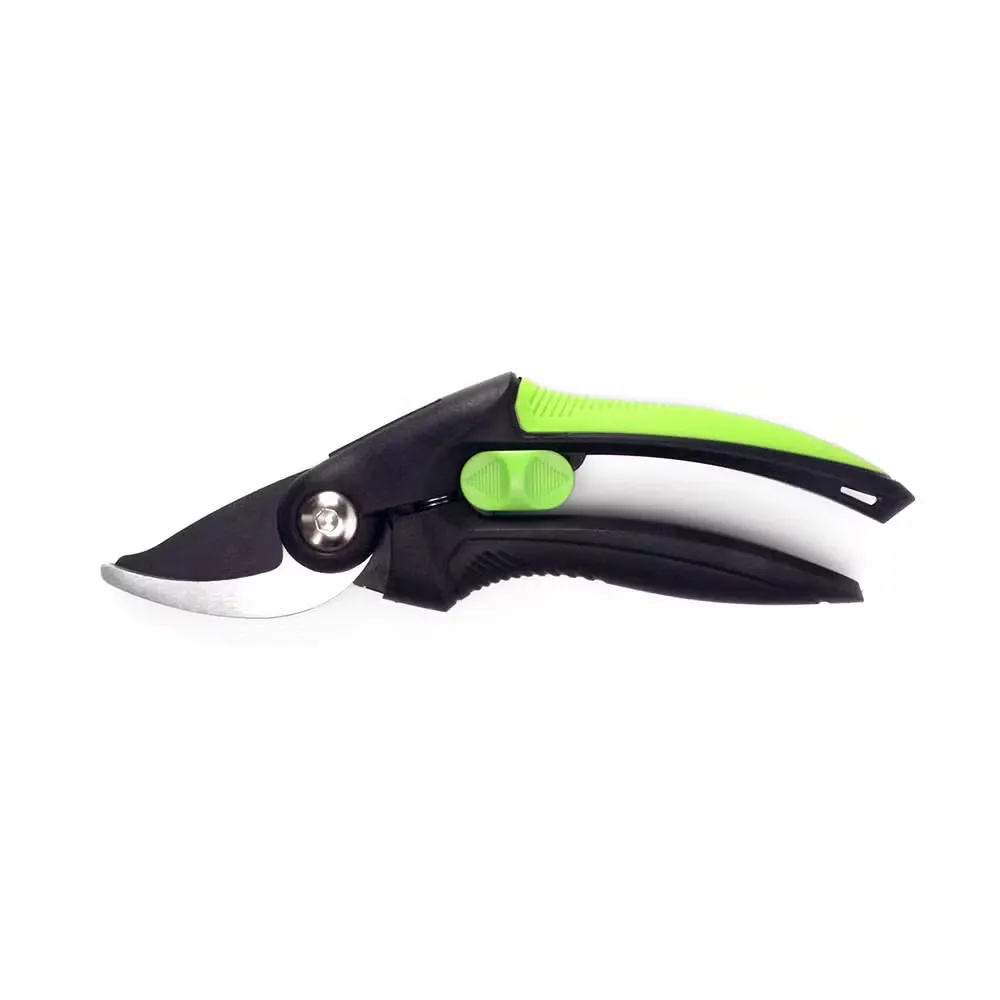 Green and black ratchet pruning shears with the blade closed