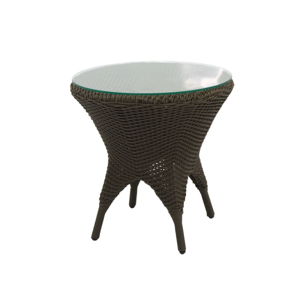 Dark woven round side table with a glass top