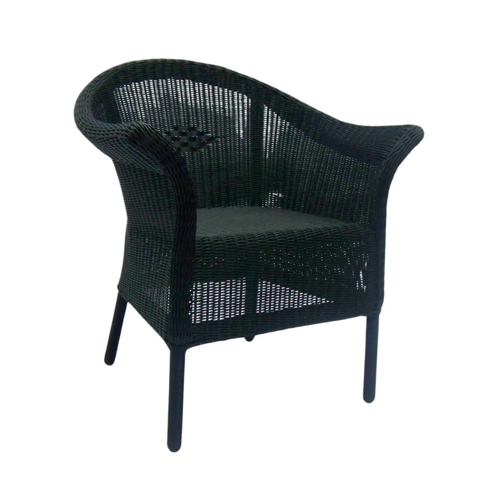 Dark woven arm chair with a curved back, angled view