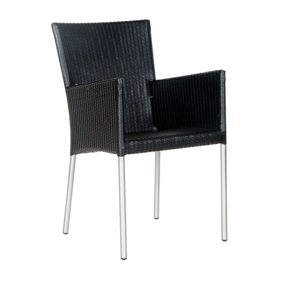 Black woven arm chair with metal legs, angled view
