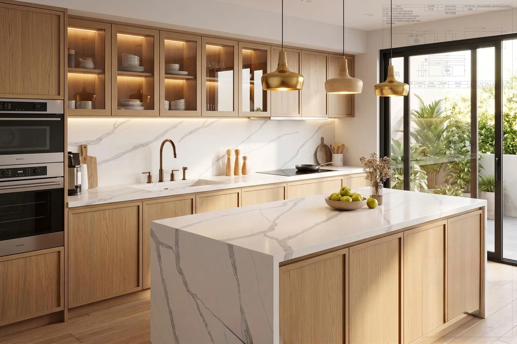 Kitchen with a white veined quartz island and wood cabinets