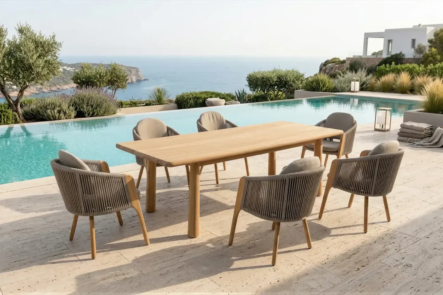 Teak table with six rope chairs beside a swimming pool