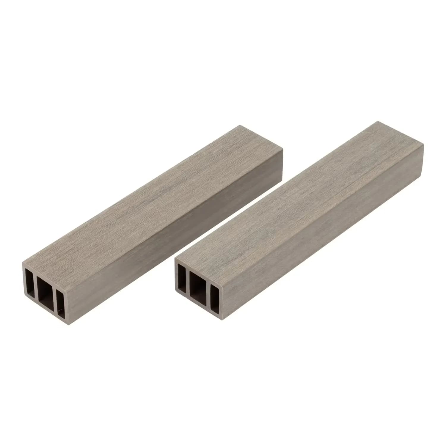 Two gray hollow timber tubes on a white background